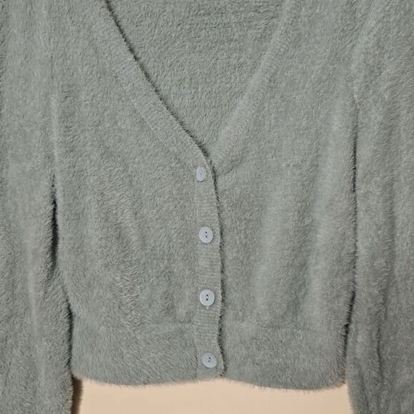 Aerie Fuzzy Cropped Cardigan Sweater Size‎ M Green Ultra Soft Twee - Picture 6 of 12